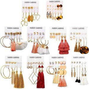 Women 63 Pair Gift Fashion Earrings with Tassel Layered Ball Dangle‎ Hoop Stud
